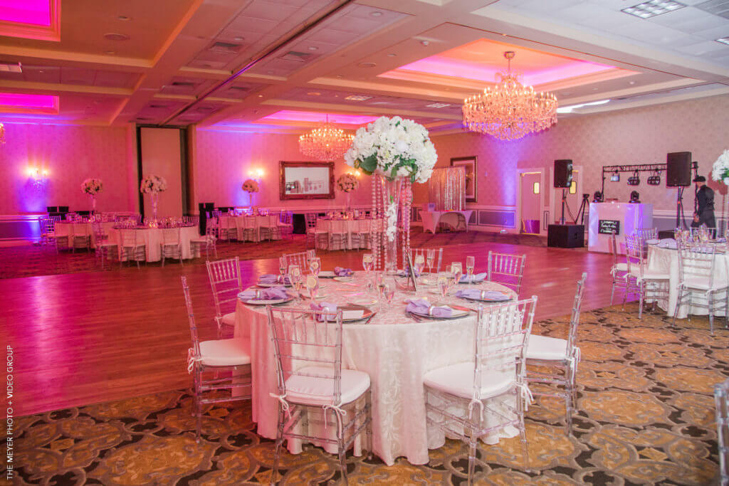 crystal ballroom with pink lighting